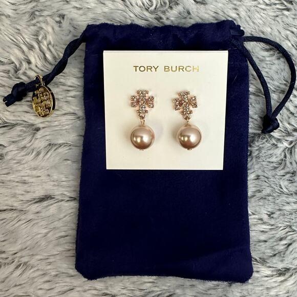 Tory Burch Jewelry - Tory Burch Kira Pave Rose Gold Rhinestone Logo Dangle Pearl Earrings Dustbag NEW